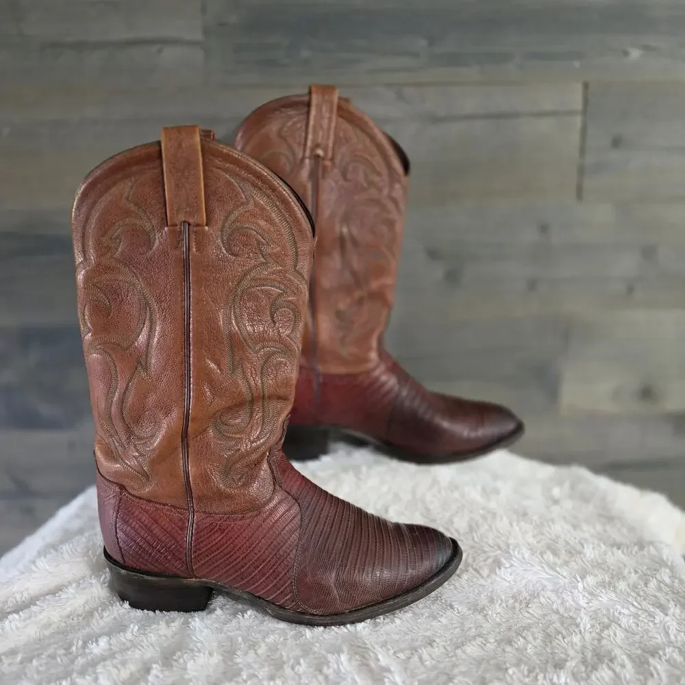 Vintage Tony Lama Brown Stitched Teju Lizard Leather Western Boots MENS SIZE 9